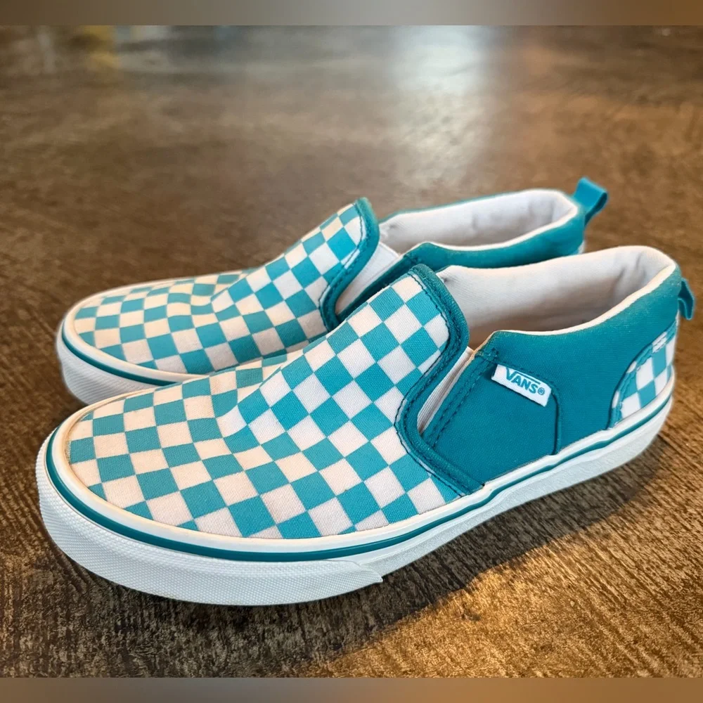 Vans Classic Teal and White Checkered Slip-On Kids Sneakers 3.5 - Picture 2 of 6